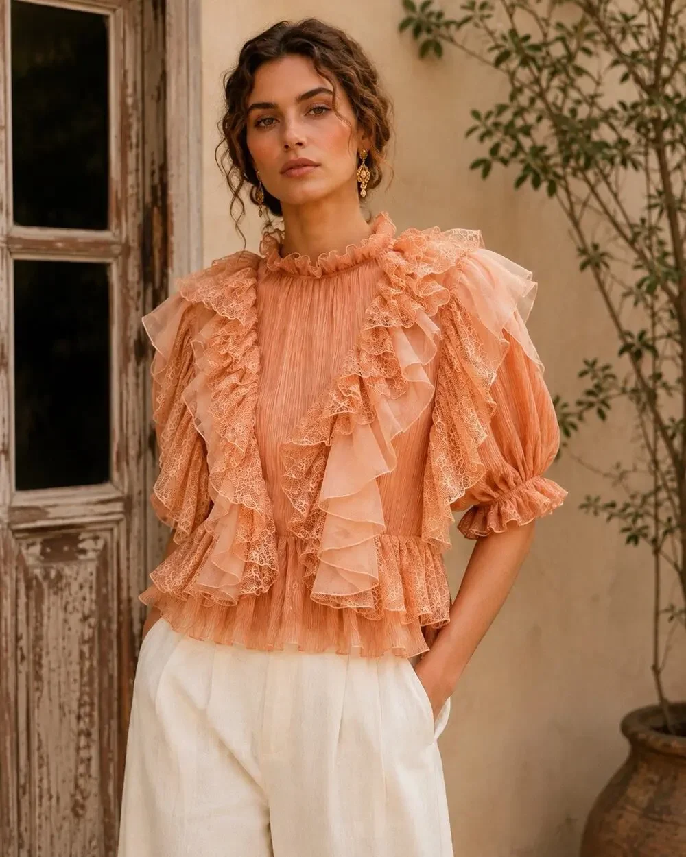 Ulla Johnson Ruffle Silk Top Peach Lace Victorian Boho Blouse Size Large ? NWOT